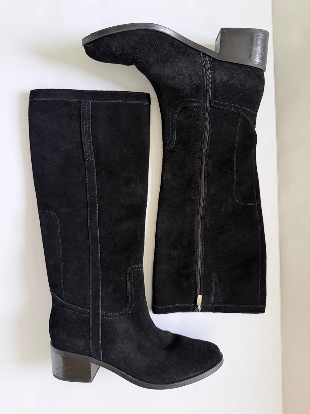 Marc Fisher Impulsa Tall Boots 10M Black Suede Leather Knee High Riding 2” Heel
